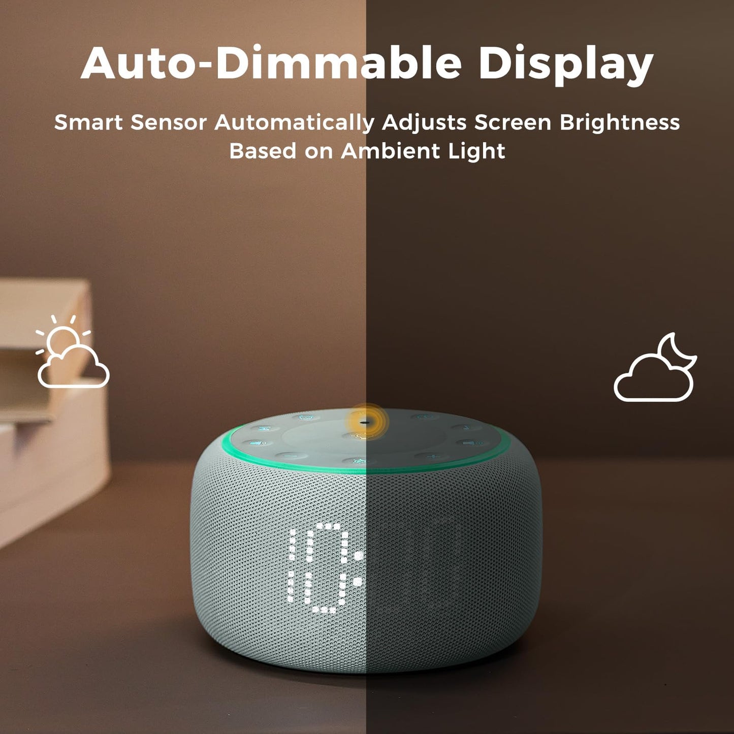 White Noise Machine Alarm Clock for Bedrooms - 5W Stereo Bluetooth Speaker - 24 Soothing Sounds - 9 Night Lights - Auto-Dimmable Digital Alarm Clock Sound Machine for Sleeping