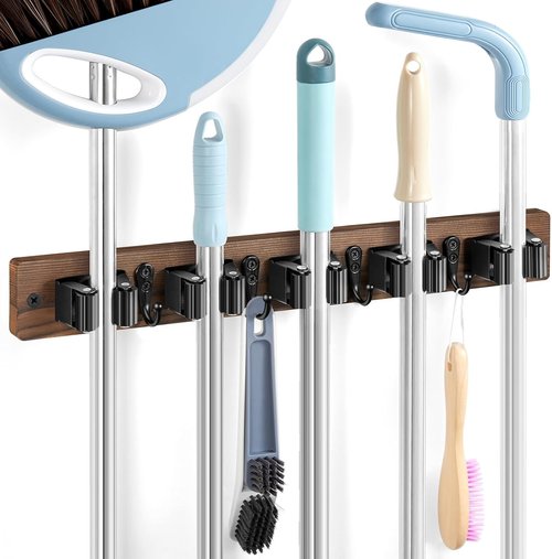 Brown Broom Holder Wall Mount - Heavy Duty Wood Mop Organizer with 5 Slots & 4 Hooks | Rustic Storage Solution for Laundry Room, Kitchen, Garage