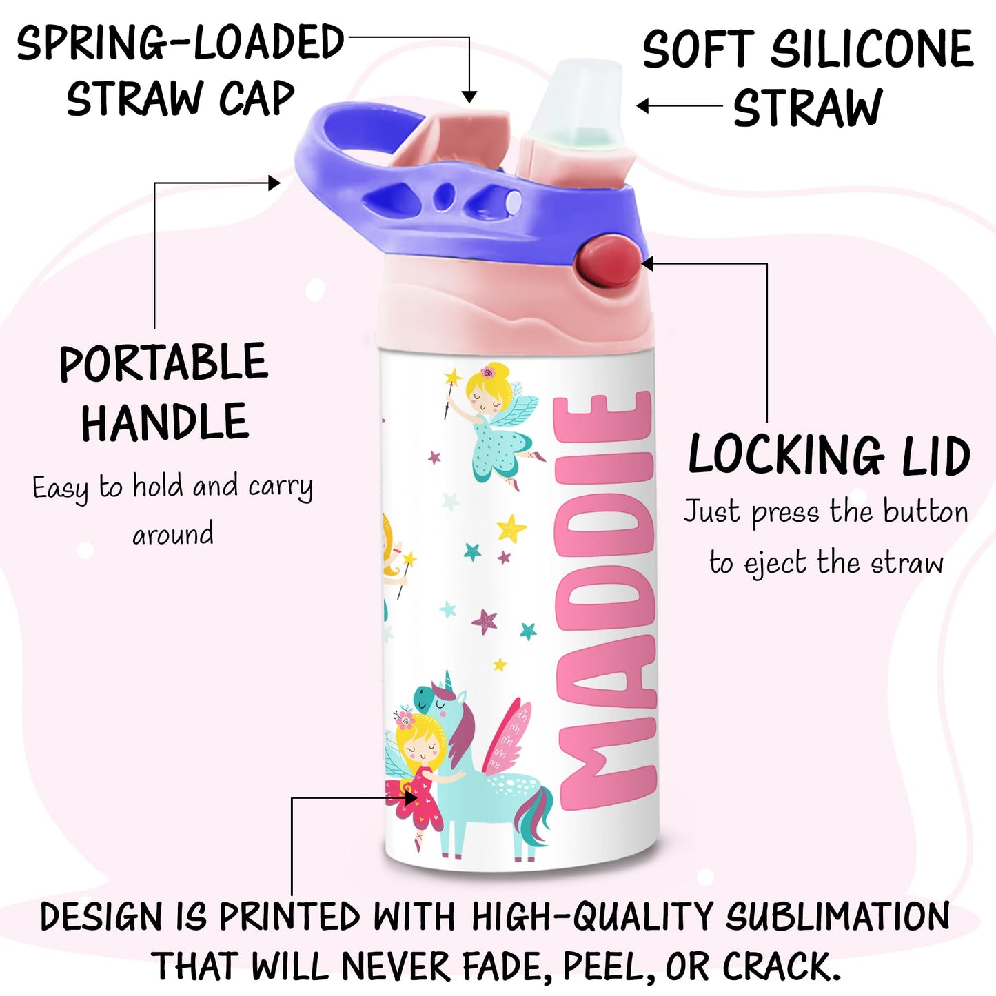 Personalized Kids Water Bottle | 12 Oz Double Wall Insulated Stainless Steel Tumbler | Custom Name Leak-Proof Cup with Straw | Back to School Gift for Toddlers, Children, Boys, Girls | Fairy