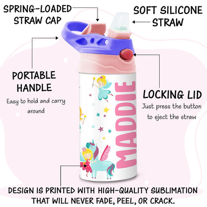 Personalized Kids Water Bottle | 12 Oz Double Wall Insulated Stainless Steel Tumbler | Custom Name Leak-Proof Cup with Straw | Back to School Gift for Toddlers, Children, Boys, Girls | Fairy