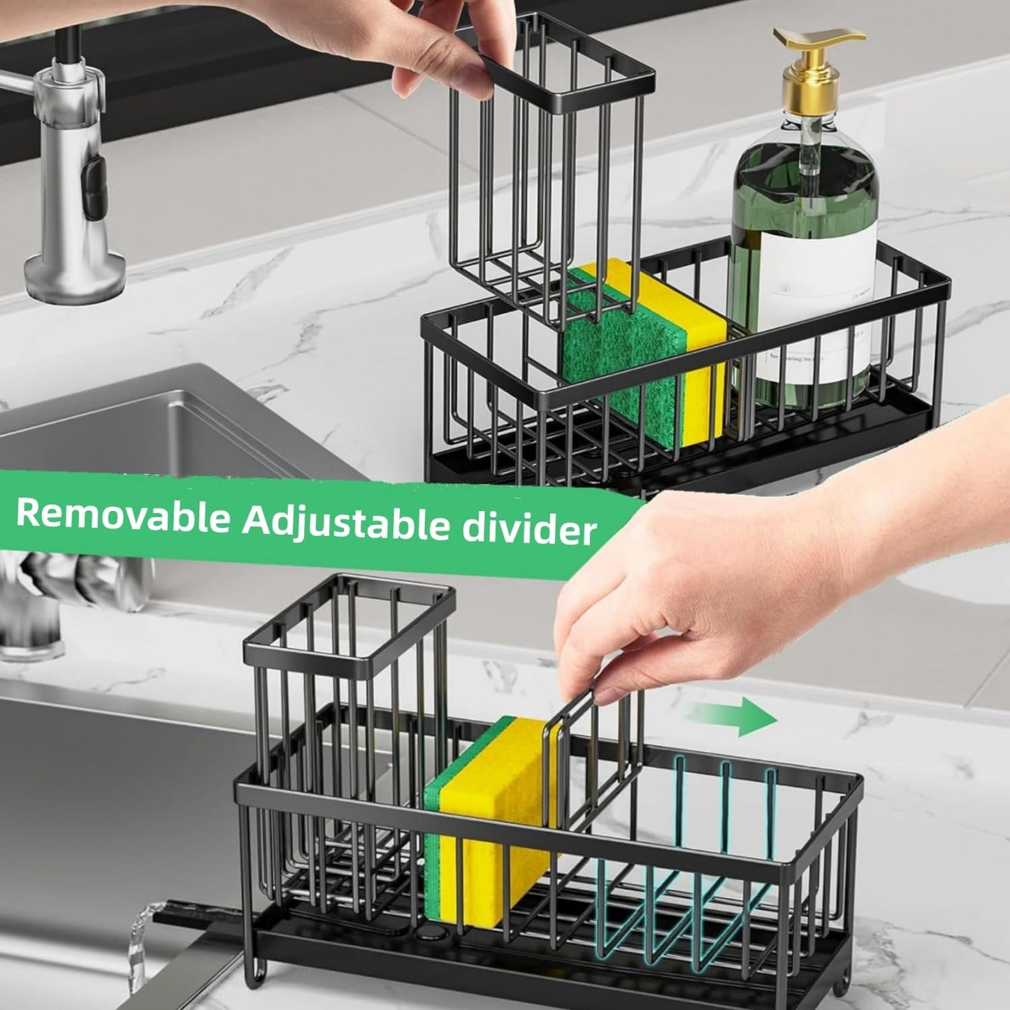 Skiennix Kitchen Sink Sponge Holder - Auto Draining Caddy with Brush Organizer | Stainless Steel Design