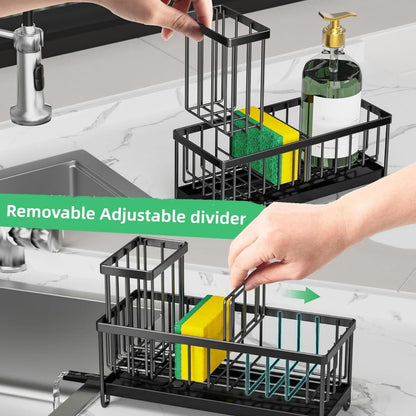 Skiennix Kitchen Sink Sponge Holder - Auto Draining Caddy with Brush Organizer | Stainless Steel Design