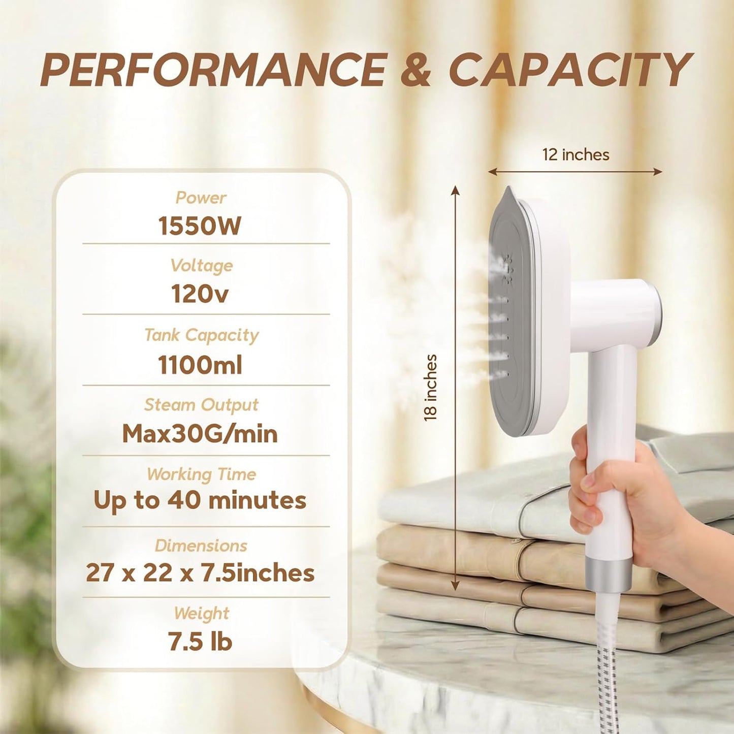 Skiennix 2 In 1 Clothes Steamer - 1550W Powerful Portable Wrinkle Remover | 1100ml Tank, Fast Heat-Up, White
