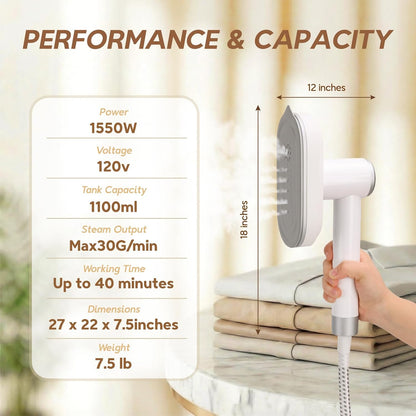 Skiennix 2 In 1 Clothes Steamer - 1550W Powerful Portable Wrinkle Remover | 1100ml Tank, Fast Heat-Up, White