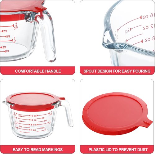 KOMUEE Glass Measuring Cups Set - 4-Piece Liquid Measuring Cups with Lids | 5 Oz, 1-Cup, 2-Cup, 4-Cup
