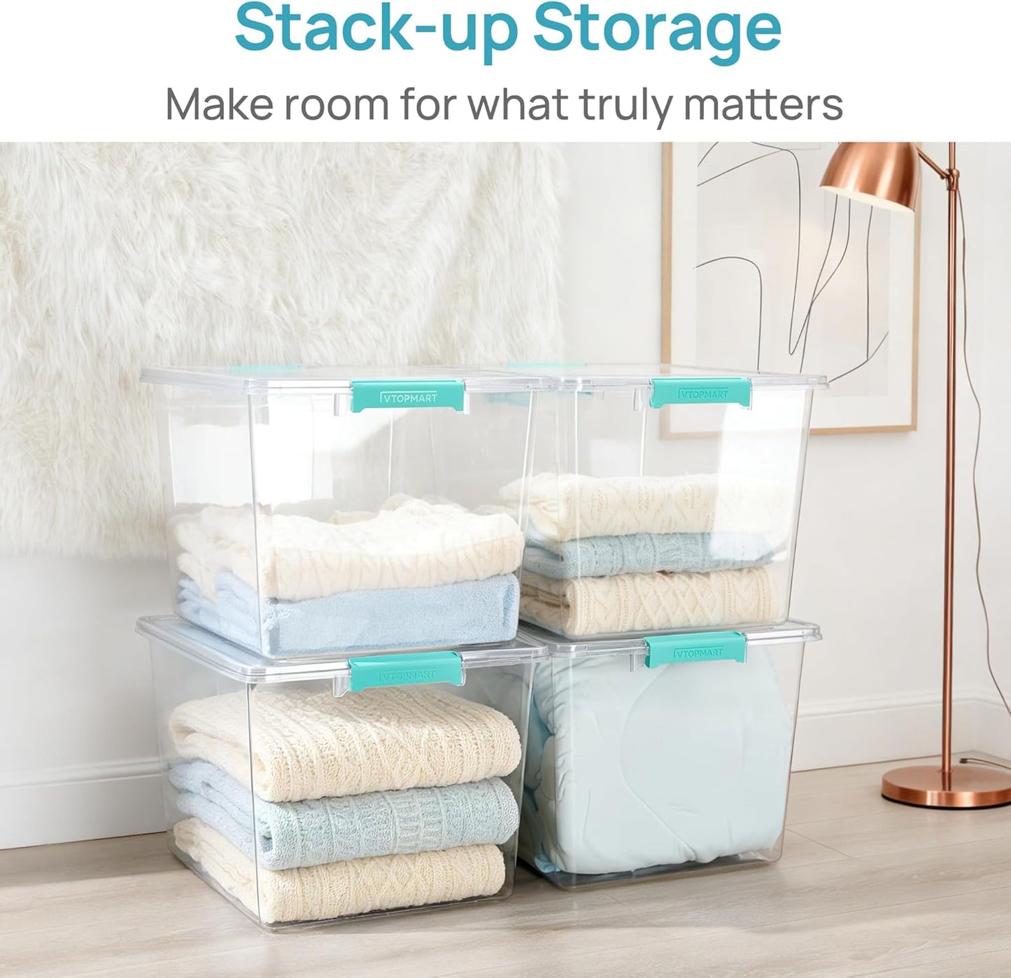 Vtopmart 72 QT Crystal Clear Storage Bins - 4 Pack Stackable Plastic Latching Containers for Closet Organization