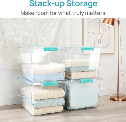 Vtopmart 72 QT Crystal Clear Storage Bins - 4 Pack Stackable Plastic Latching Containers for Closet Organization