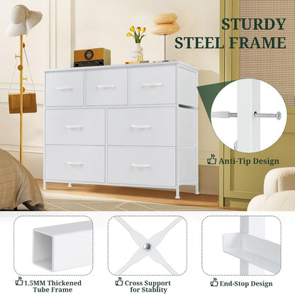 Skiennix 7-Drawer Dresser - Anti-Tip Fabric Storage Organizer with Wooden Top | White Finish for Bedroom & Living Room