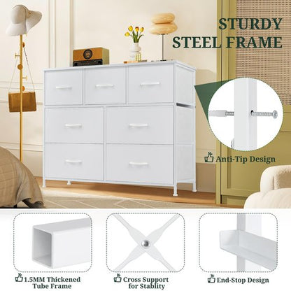 7-Drawer Dresser for Bedroom, Anti-Tip Wide Storage Organizer Fabric Chest of Drawers TV Stand for 45" TV with Wooden Top and Metal Frame for Closet, Living Room, Hallway, Entryway, White