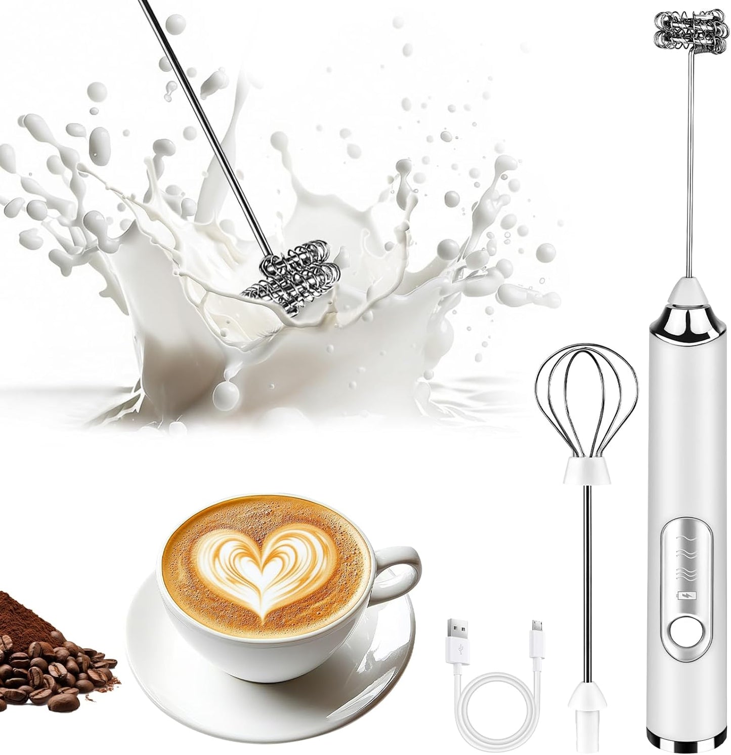 Skiennix Handheld Milk Frother - Rechargeable Electric Foam Maker with 3 Speeds & 2 Whisks | Ideal for Lattes, Cappuccino, Matcha
