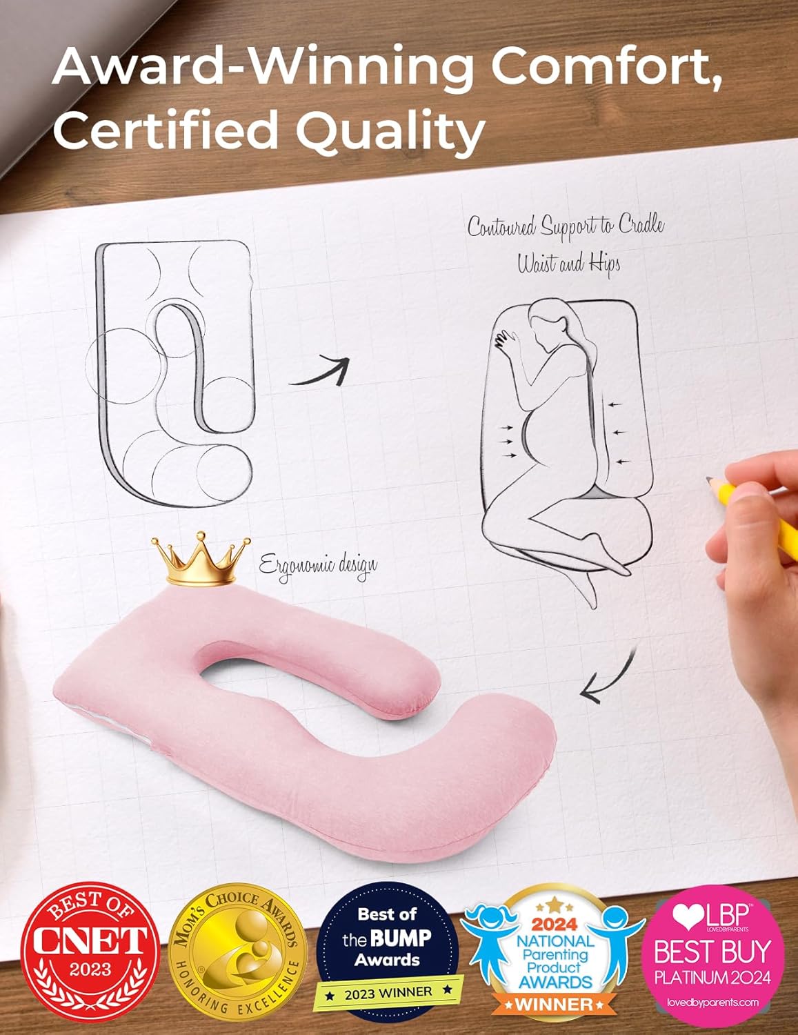 Momcozy U-Shaped Pregnancy Pillow - Full Body Maternity Support for Side Sleeping, 57 Inch, Pink