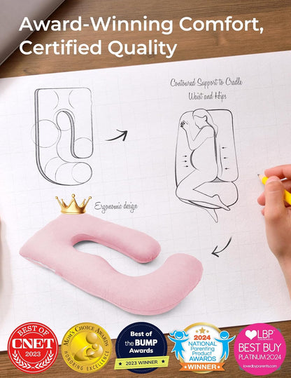 Momcozy U-Shaped Pregnancy Pillow - Full Body Maternity Support for Side Sleeping, 57 Inch, Pink