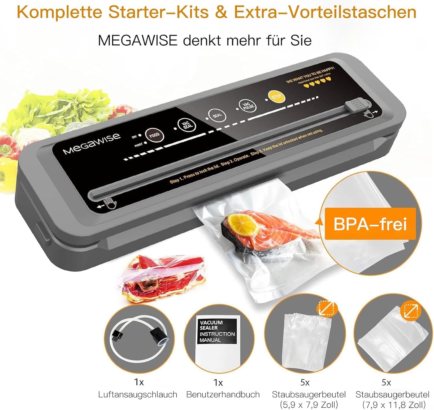 MegaWise Food Vacuum Sealer Machine - High-Power 80kPa Suction, One-Touch Operation, Built-in Cutter | Black, Includes Bags & Hose, Keeps Food Fresh 5x Longer