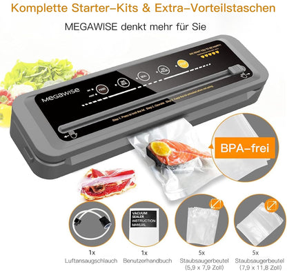 MegaWise Food Vacuum Sealer Machine - High-Power 80kPa Suction, One-Touch Operation, Built-in Cutter | Black, Includes Bags & Hose, Keeps Food Fresh 5x Longer