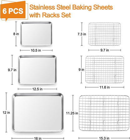 TeamFar Stainless Steel Baking Sheet Set - Heavy Duty Non-Toxic Cookie Pans & Cooling Racks | 6 PCS (3 Pans + 3 Racks)