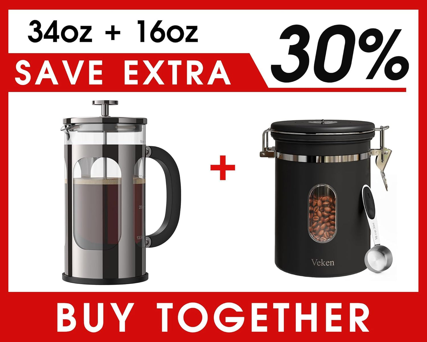 Veken French Press 34oz - Dark Pewter Coffee Maker with 16oz Black Canister for Fresh Brews