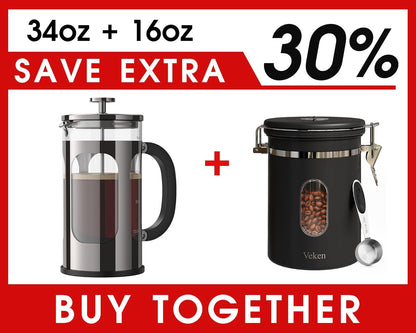 Veken French Press 34oz - Dark Pewter Coffee Maker with 16oz Black Canister for Fresh Brews
