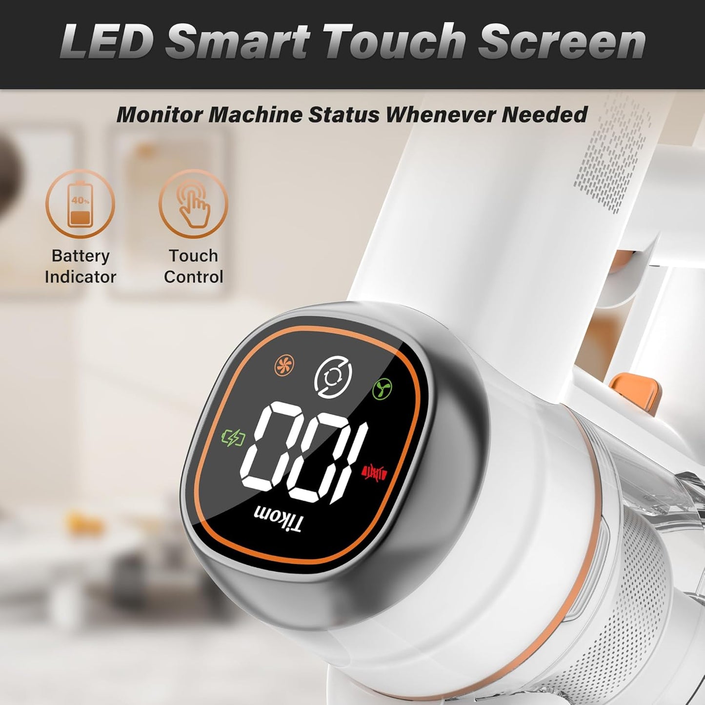 Tikom V500 Cordless Vacuum Cleaner - 40000Pa Suction, LED Touch Screen, Lightweight Design for Pet Hair & Hard Floors