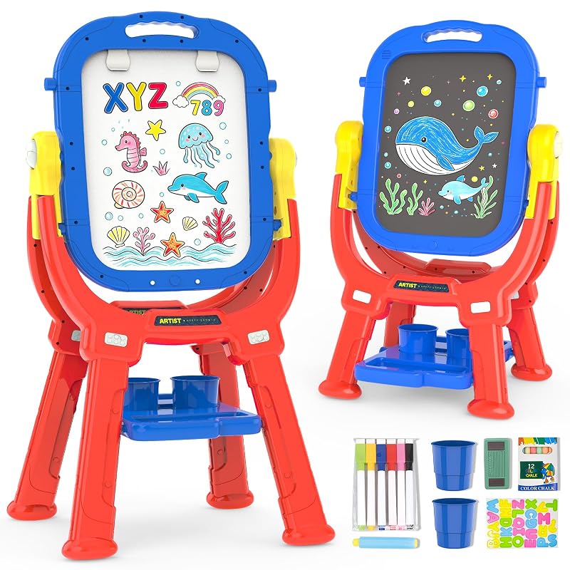 Blue Kids Art Easel for Toddler 3-5, 360° Rotatable Double-Sided Magnetic Chalkboard & Whiteboard