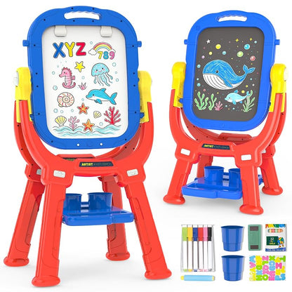 Blue Kids Art Easel for Toddler 3-5, 360° Rotatable Double-Sided Magnetic Chalkboard & Whiteboard