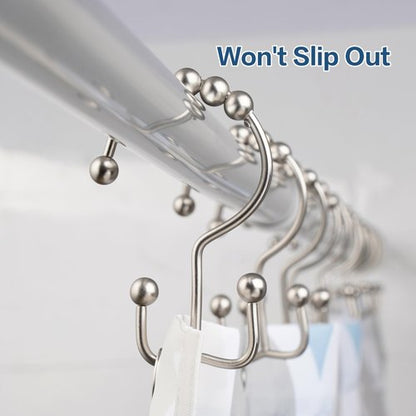 DAWNER Shower Curtain Hooks, Rust Proof Metal Easy Glide Double Rings, Stainless Steel Hangers for Bathroom Curtains, Set of 12, Brushed Nickel