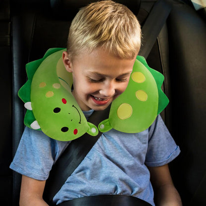 urnexttour Travel Neck Pillow for Kids, Dinosaur Memory Foam Pillow with Cute Sleep Mask & Earplugs, Lightweight Travelling Pillow Set for Airplane, Car, Train, Bus and Home Use (Green)