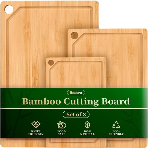 **Skiennix Kitchen Cutting Board Set - 3-Piece Wooden Boards with Juice Groove & Handles | Natural Finish**