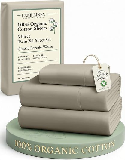 LANE LINEN 100% Organic Cotton Twin Sheet Set - Soft, Comfy & Temperature Regulating - Luxury Silver