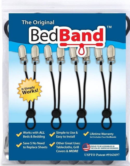 Bed Band | USA-Made Bed Sheet Holder - Patented Gripper & Suspender - Black, 1 Pack (4 Bands)