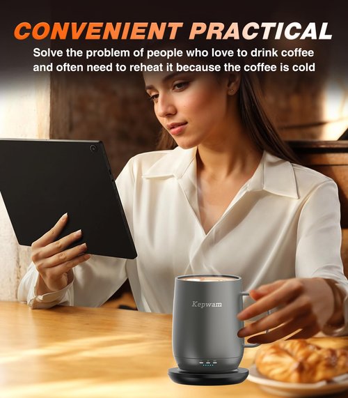 Kepwam Self Heating Coffee Mug, 16oz Smart Heated Coffee Mug, 150 Min Battery Life - Hot up to 149℉ Temperature Control Coffee Mug Warmer, Gifts for Women and Men
