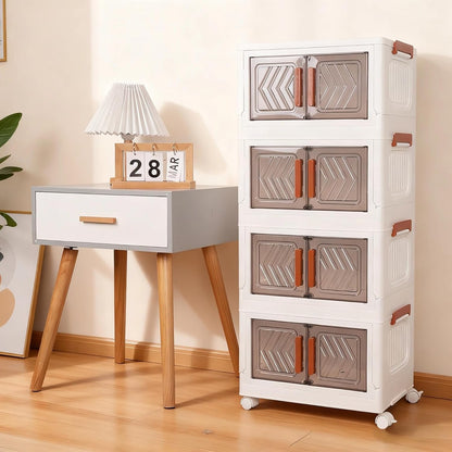 Skiennix 4-Tier Stackable Storage Bins with Lids - Foldable Containers with Wheels & Transparent Door