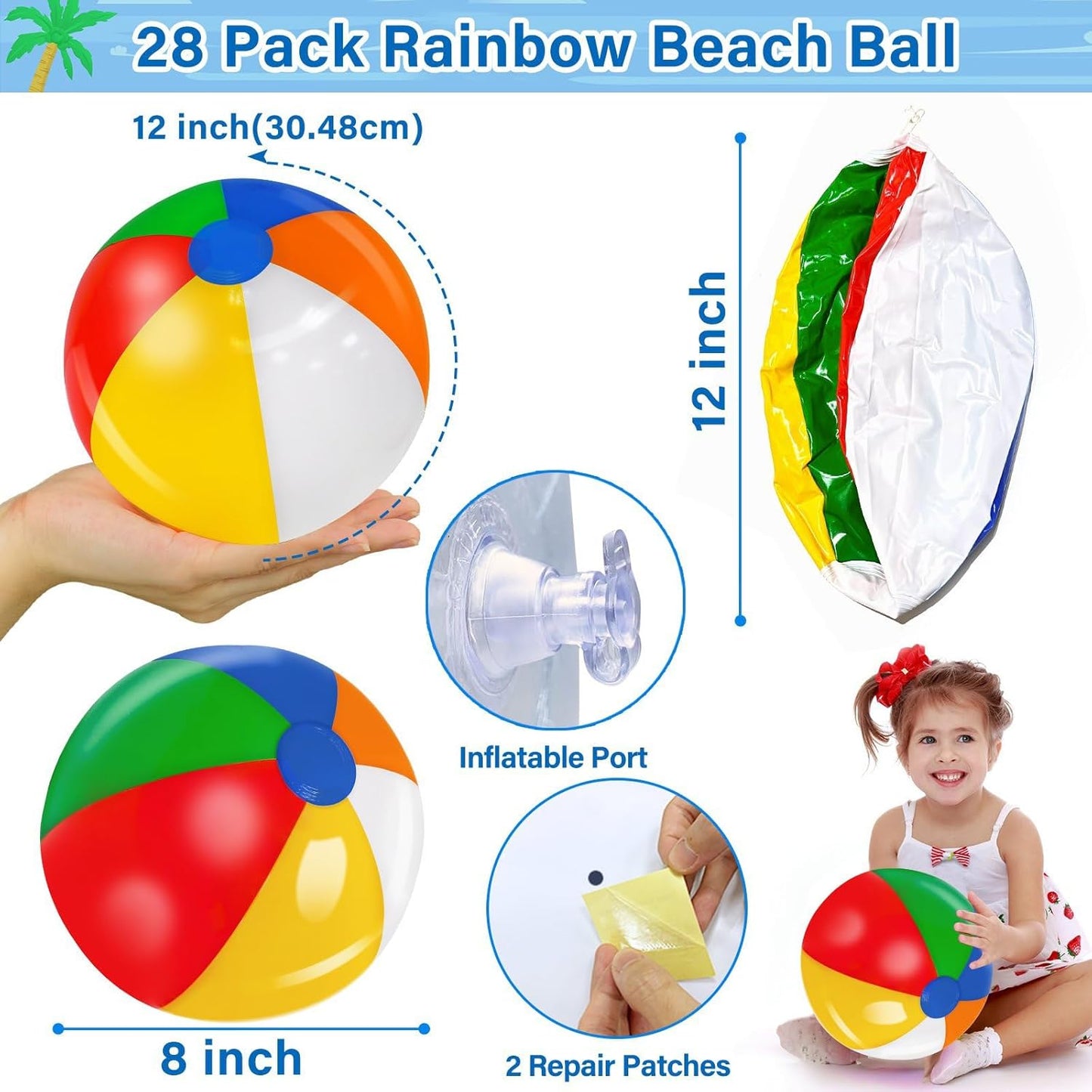 Rainbow Beach Balls - 28 Pack Inflatable Pool Toys for Kids | Perfect for Summer Parties & Luau Decor