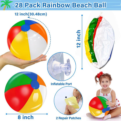 Rainbow Beach Balls - 28 Pack Inflatable Pool Toys for Kids | Perfect for Summer Parties & Luau Decor
