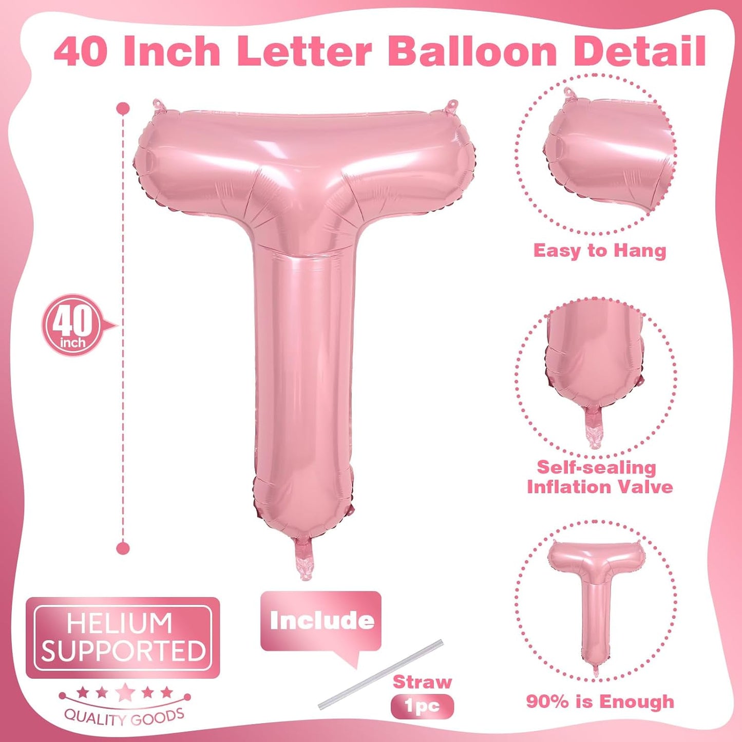 Skiennix Large Mylar Helium Balloon Letter T - Pastel Pink 40" Inflatable Foil for Girls' Birthday Decor