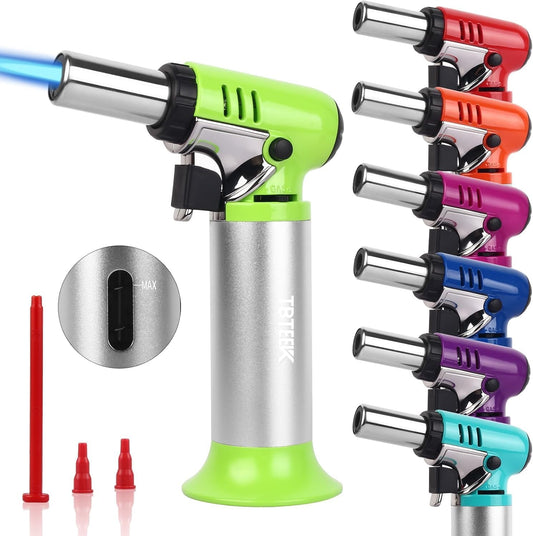 TBTeek Butane Torch - One-Hand Operation Kitchen Torch with Adjustable Flame for Grilling & Baking - Green