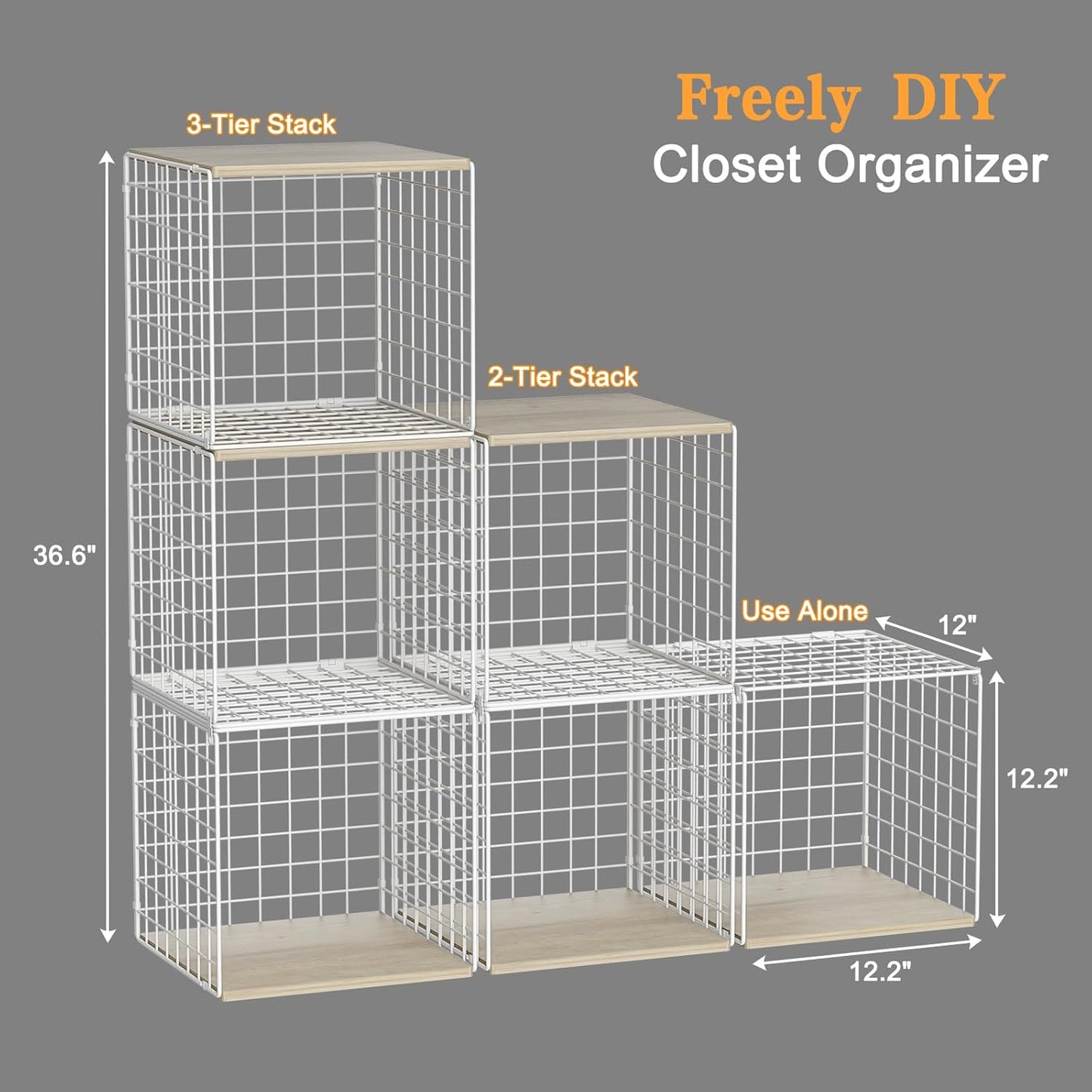 Skiennix Stackable Closet Organizers - Durable Storage Bins with Wood Top | White Metal, 3-Piece Set