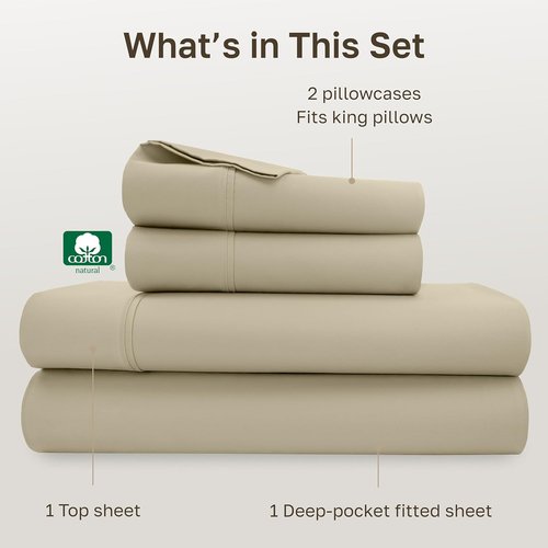 California Design Den 100% Cotton Cal King Bed Sheets Set - Silky Smooth Sateen, 400 TC, Deep Pockets, Beige