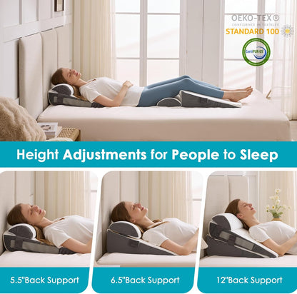 Regine Switzerland Wedge Pillow Set - Adjustable Memory Foam for Acid Reflux Relief | 3-Piece White & Grey