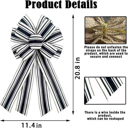 Christmas Black Burlap Wreath Bow - 20 x 11 Inches | Farmhouse Black & White Stripes for Front Door Decor