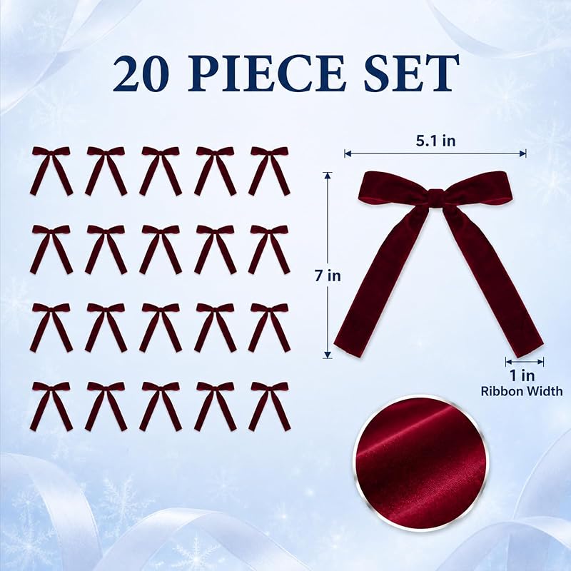 20-Pack Burgundy Velvet Christmas Tree Bows with Wire Backing - 5x7 Inches