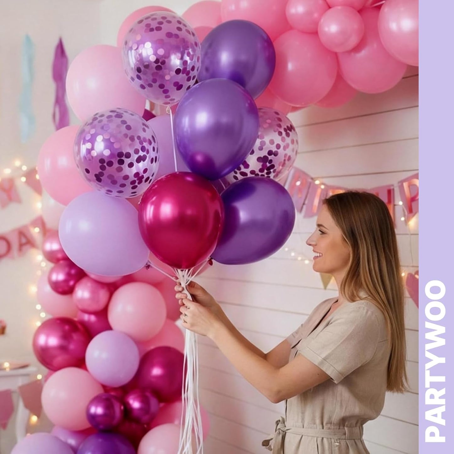 PartyWoo 12-Inch Pink & Purple Balloons - 66pcs Pastel Metallic & Confetti for Baby Shower & Birthday Decor