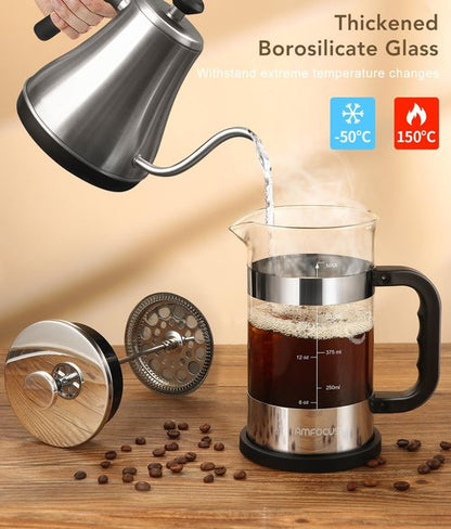 French Press Coffee Maker - 21oz Classic Glass Pot | Heat-Resistant Borosilicate with 4-Level Filters