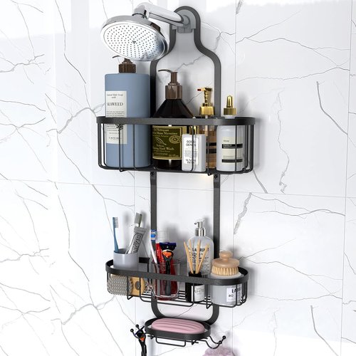 Kadolina Shower Caddy - Over-The-Showerhead Bathroom Organizer with Soap Dish & Hooks | Black