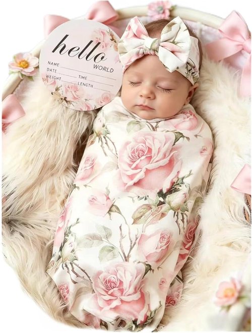 Galabloomer Baby Girl Receiving Blanket Set - Vintage Flower Swaddle & Headband for Newborns