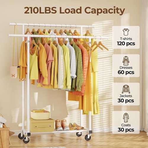 HYSEYY Rolling Clothing Rack - Sturdy Double Rod Wardrobe Rack for Bedroom & Laundry | White