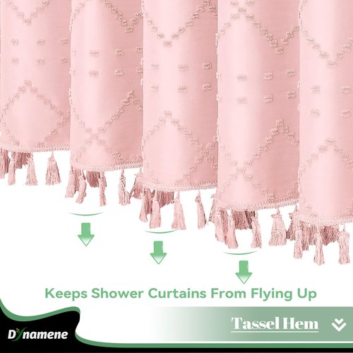 Dynamene Pink Fabric Shower Curtain, Boho Tufted Geometric Striped Tassel Shower Curtain for Bathroom, Shabby Chic Textured Modern Farmhouse Waterproof Cloth Shower Curtain Set, Wrinkle Free, 72x72