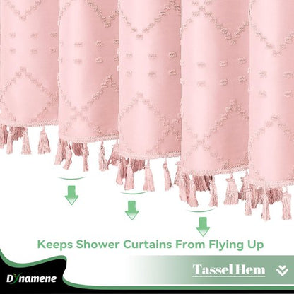 Dynamene Pink Fabric Shower Curtain, Boho Tufted Geometric Striped Tassel Shower Curtain for Bathroom, Shabby Chic Textured Modern Farmhouse Waterproof Cloth Shower Curtain Set, Wrinkle Free, 72x72