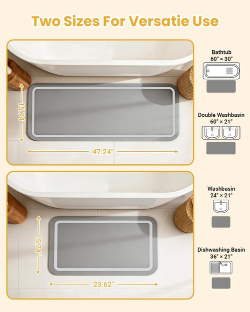 Soft Diatomaceous Earth Bath Mat, Quick Dry Bathroom Mats 2 Piece, Gray Super Absorbent Bath Mat Set, Washable Non Slip Bathroom Rugs, Stone Bath Mats Alternative, 15.74" x 23.62" Plus 15.74" x 47.2"