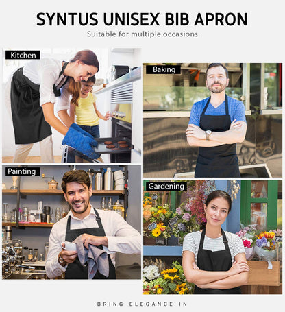 Syntus 2 Pack Adjustable Bib Apron Thicker Version Waterdrop Resistant with 2 Pockets Cooking Kitchen Aprons for Women Men Chef, White & Black