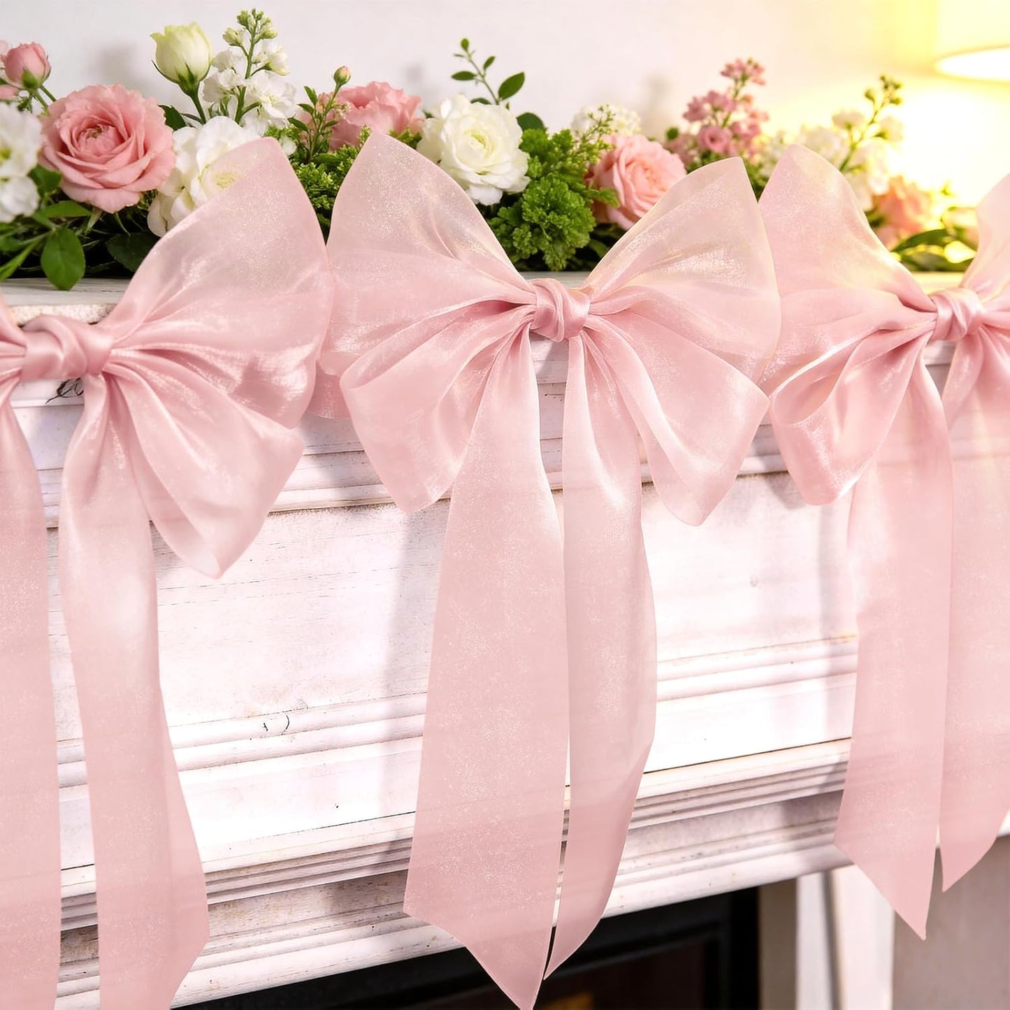 Skiennix 6.5ft Pink Bows Garland Banner - 6 Pre-Strung Bow Decorations for Birthday & Baby Showers
